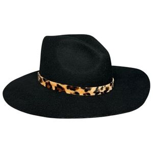 C.C. Exclusives Black Wool Fedora Leopard Band Mob Wife Winter Wide Brim Hat NWT